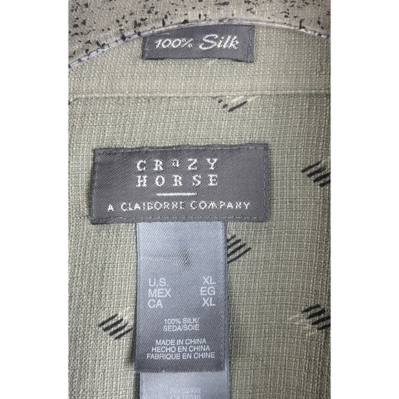 Crazy Horse A Claiborne Company 100% Silk Button Up Short Sleeve Shirt XL Olive - Picture 5 of 14